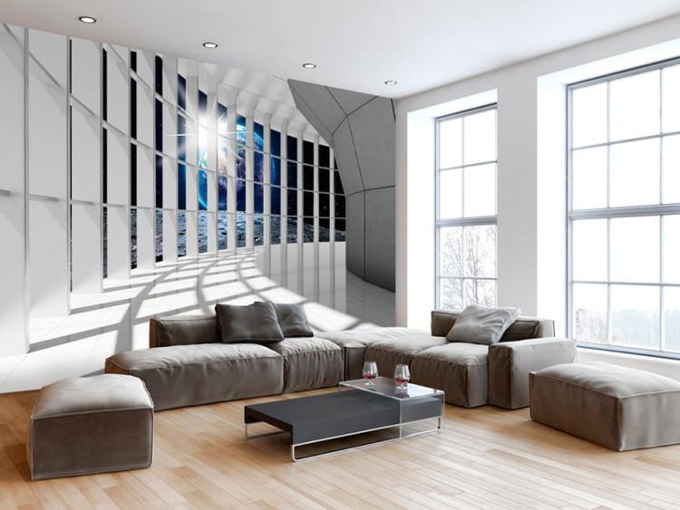 Wall Mural Unearthly city - space corridor in white with world view