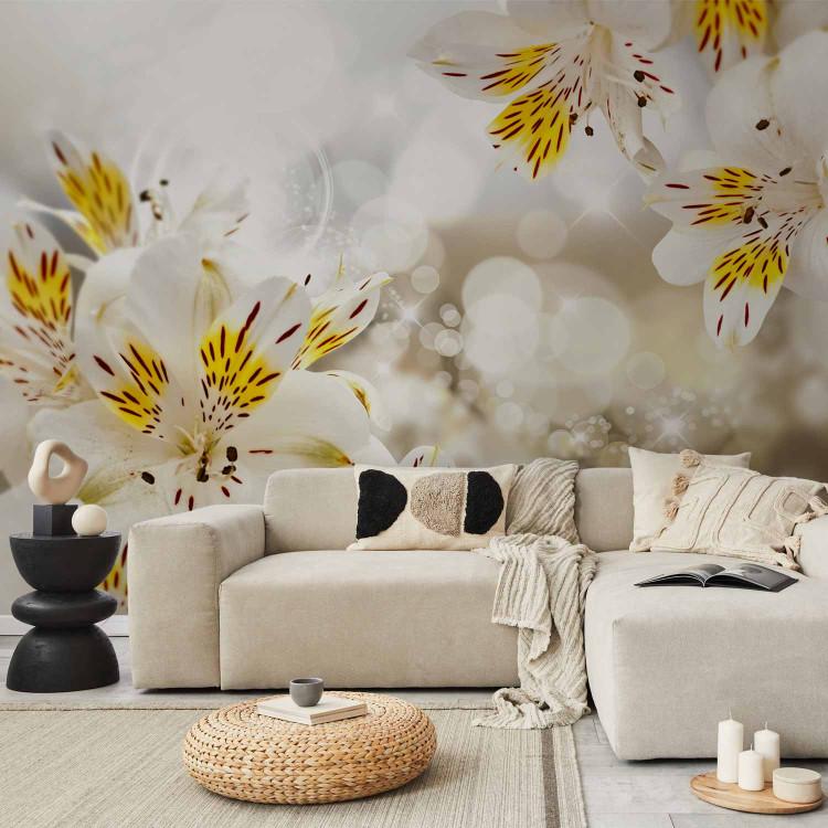Wall Mural Nature - white and yellow lily flower motif in soft sunlight