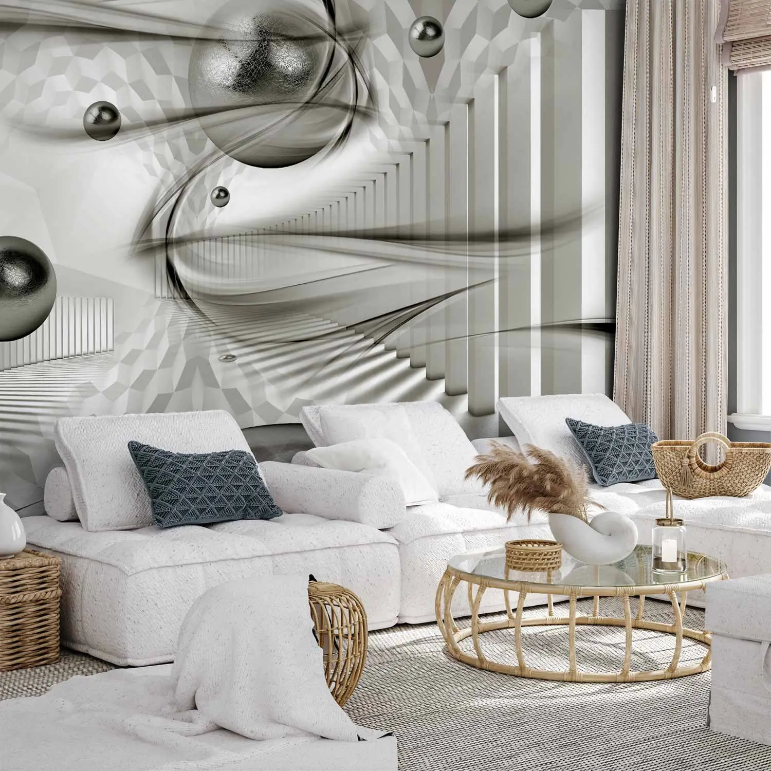 Wall Mural Modern geometry spatial abstraction with silver spheres