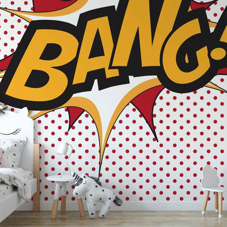 Wall Mural BANG! - modern motif with yellow text on a background of red dots
