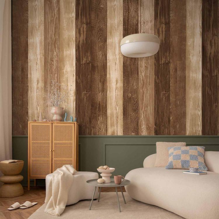 Wall Mural Wooden stories - background with texture of planks of different types of wood