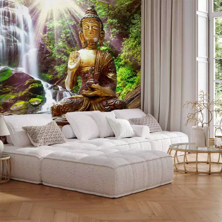 Photo Wallpaper Forest prayer Buddha sculpture on a background of a waterfall in a sunny jungle bimago