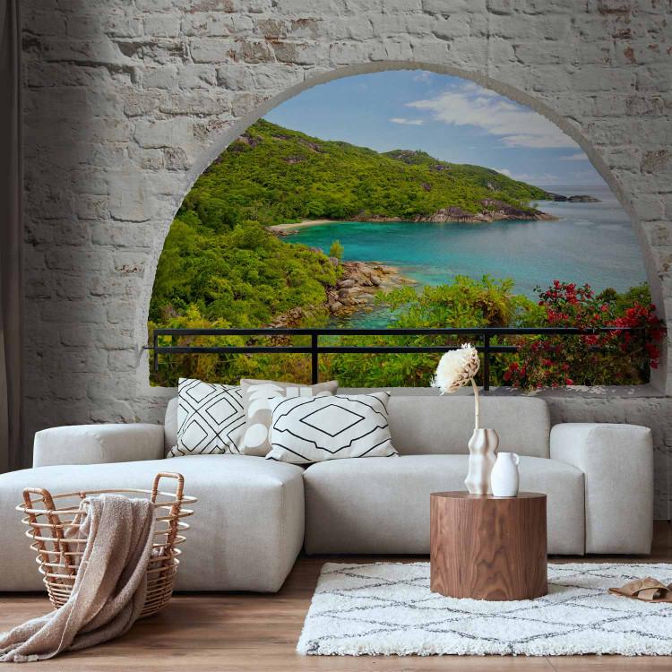 Wall Mural View from the window - landscape with turquoise sea and island surrounded by white brick