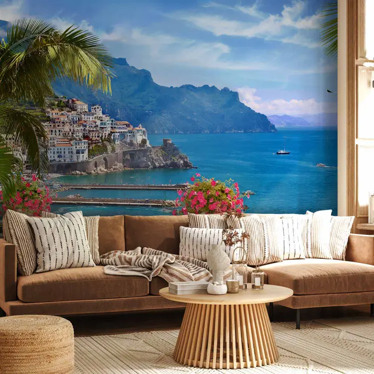 Mediterranean Paradise - Seascape with Palms, Architecture, and Coastline
