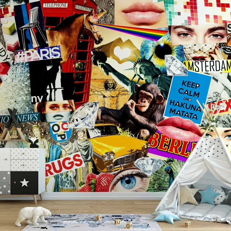 Street art - colourful collage with English words and characters