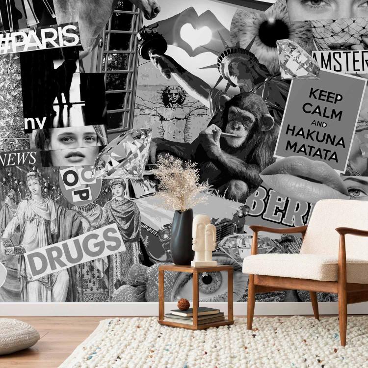 Wall Mural Street art - black and white collage with captions in English and characters
