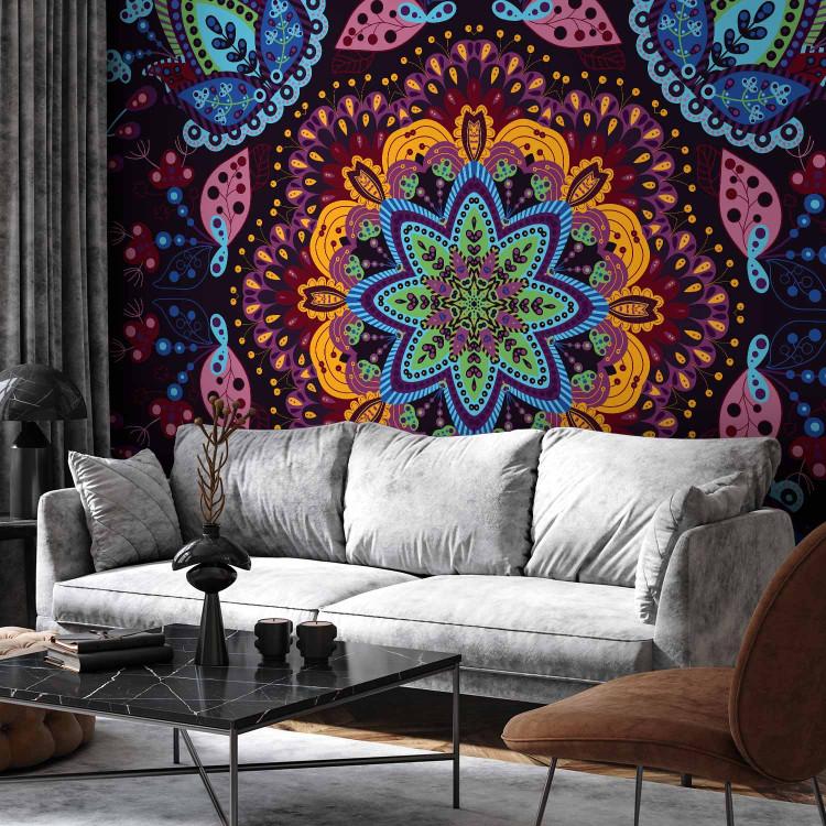 Wall Mural Abstraction - colourful ornaments on a solid background with a dark colour