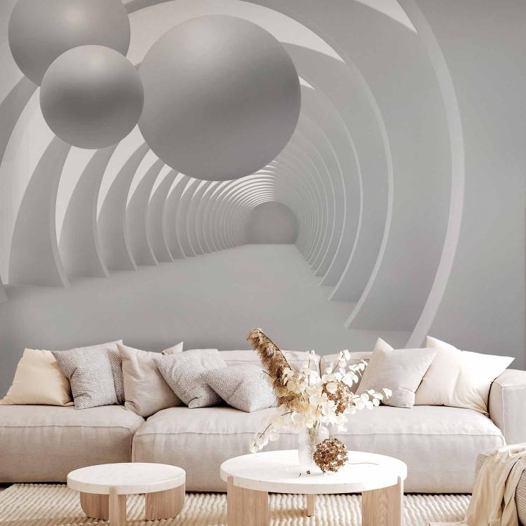 Wall Mural Modern space - oval tunnel with patterns and white spheres