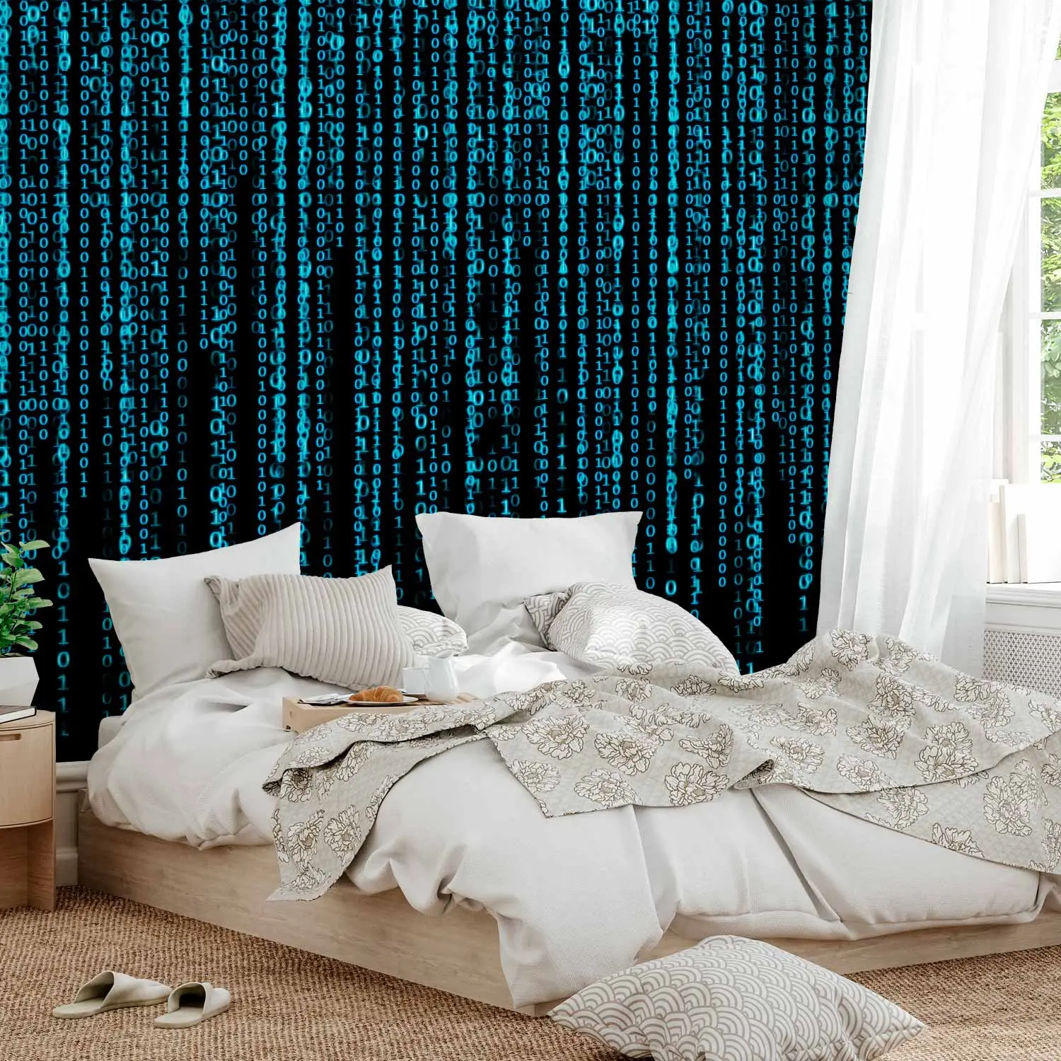 Wall Mural Blue digital rain binary code of a number on black