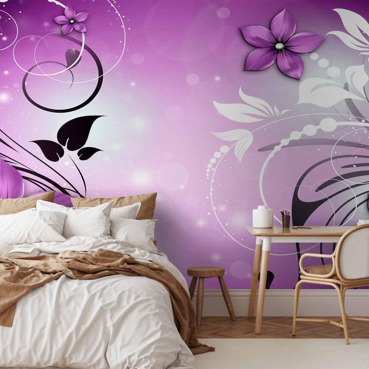 Wall Mural Purple flowers - black and white pattern and leaf ornaments