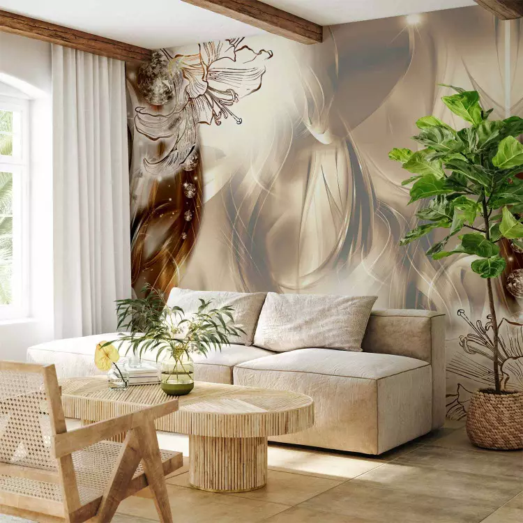 Wall Mural Subtle glow - beige composition with graphic lily flower motif