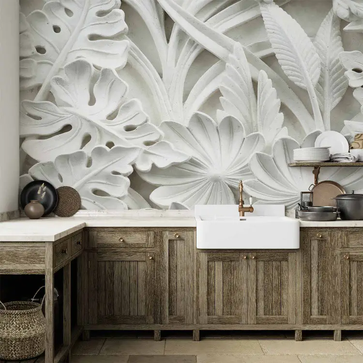 Alabaster Garden II - Stucco motif with white flowers