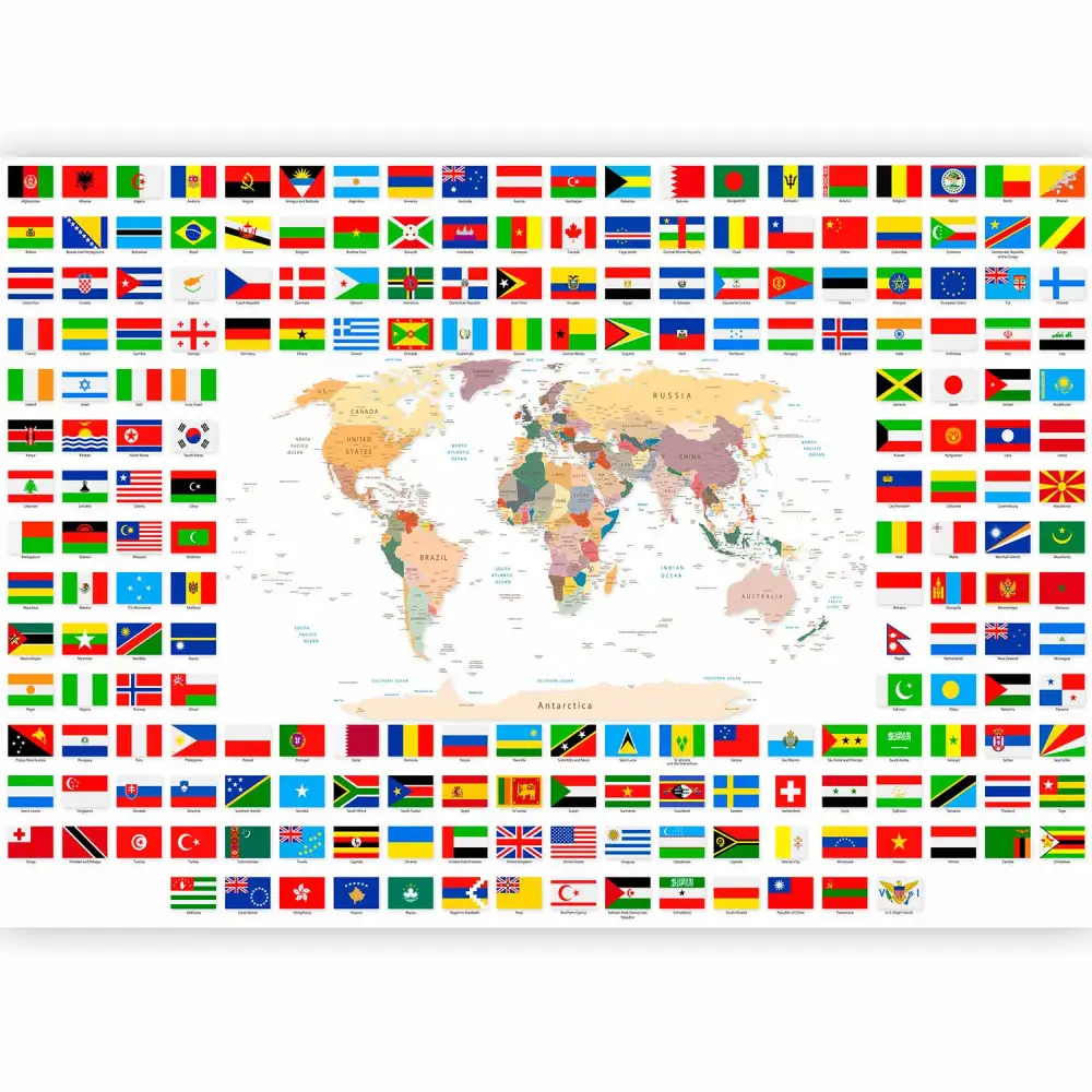 Learn Flags Wall Mural Geography lesson - world map with country flags in English ...