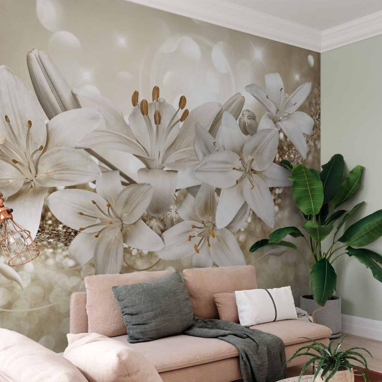 Wall Mural Glamour floral motif - lilies on glittering crystals with sparkle