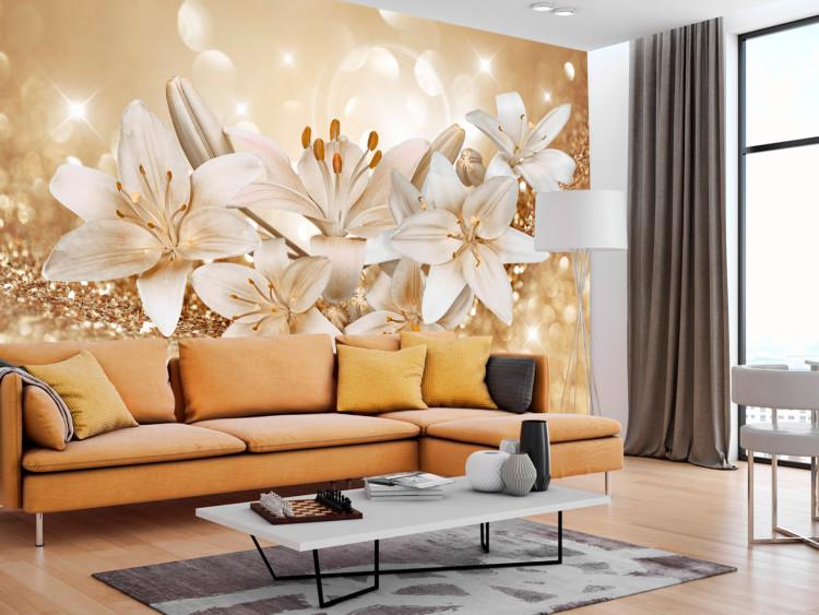 Wall Mural Golden floral motif - white lilies with ornaments on a glittering background
