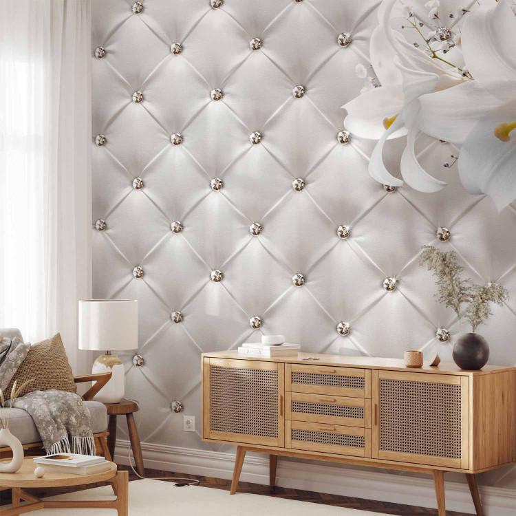 Wall Mural Elegance of white - white lilies against a quilted pattern with diamonds