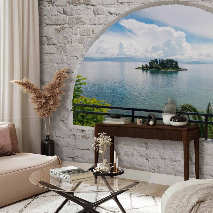 Wall Mural View from the window - landscape with a solitary island surrounded by a stone wall