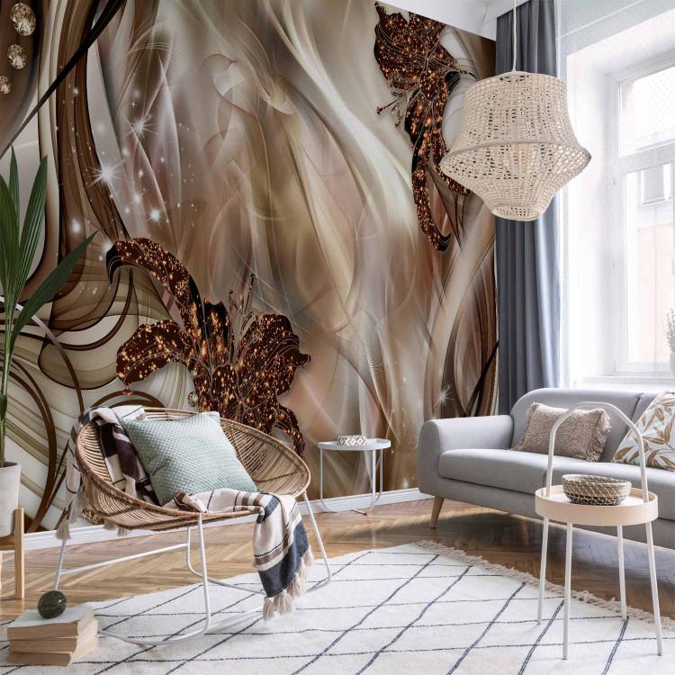 Wall Mural Abstraction - brown lilies with diamonds on a fancy background with waves