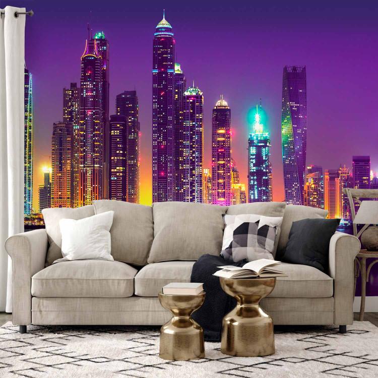 Wall Mural Purple nights Dubai - panorama with skyscrapers and reflection in water