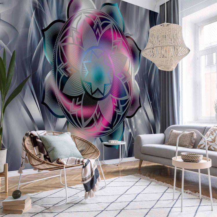 Wall Mural Floral mandala - colourful abstraction on grey background with wave effect