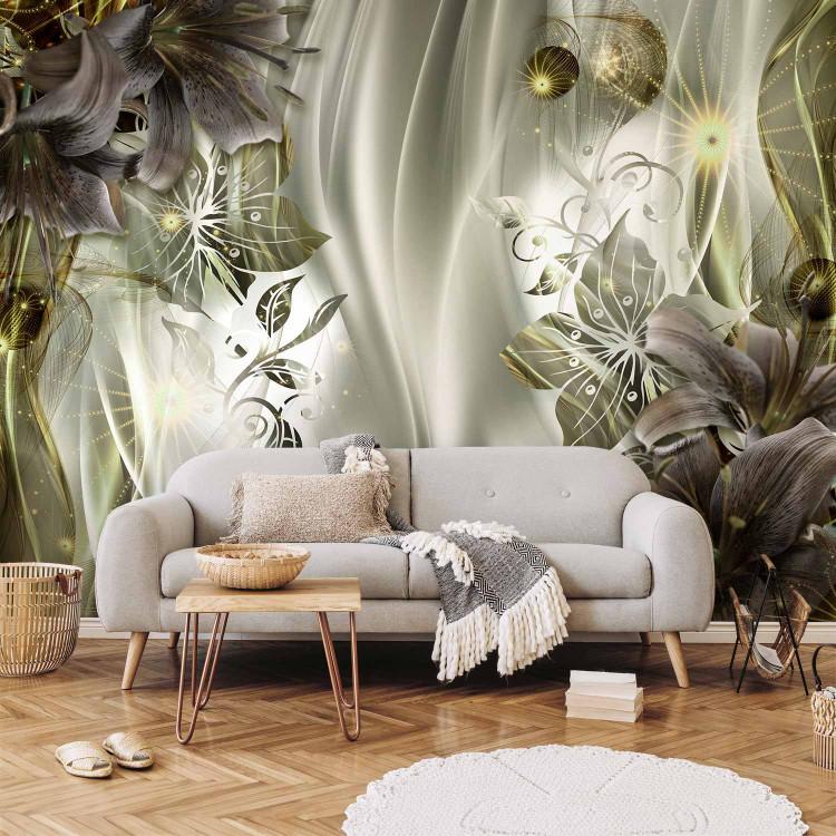 Wall Mural Mystery green - abstract with lilies on a background with light effect