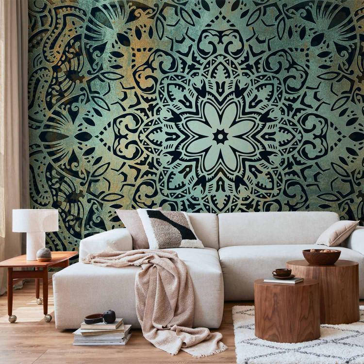 Wall Mural Oriental flowers - motif with black ornaments on a turquoise background