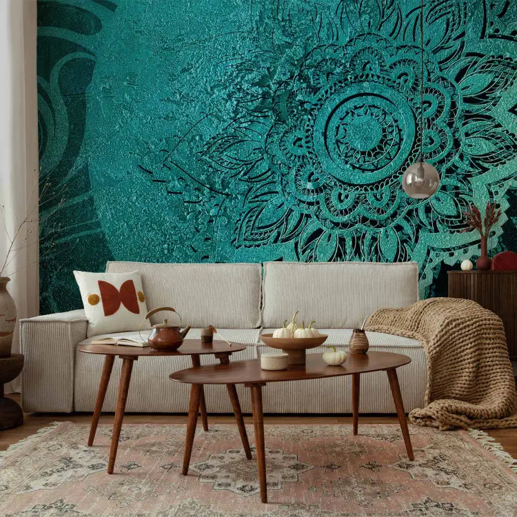 Azuria Background Wall Mural Azure Flower - Mandala on a turquoise circle and green-toned ...