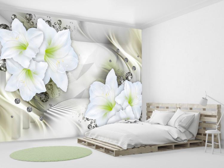 Wall Mural Floral motif - yellow-white lilies on fancy background