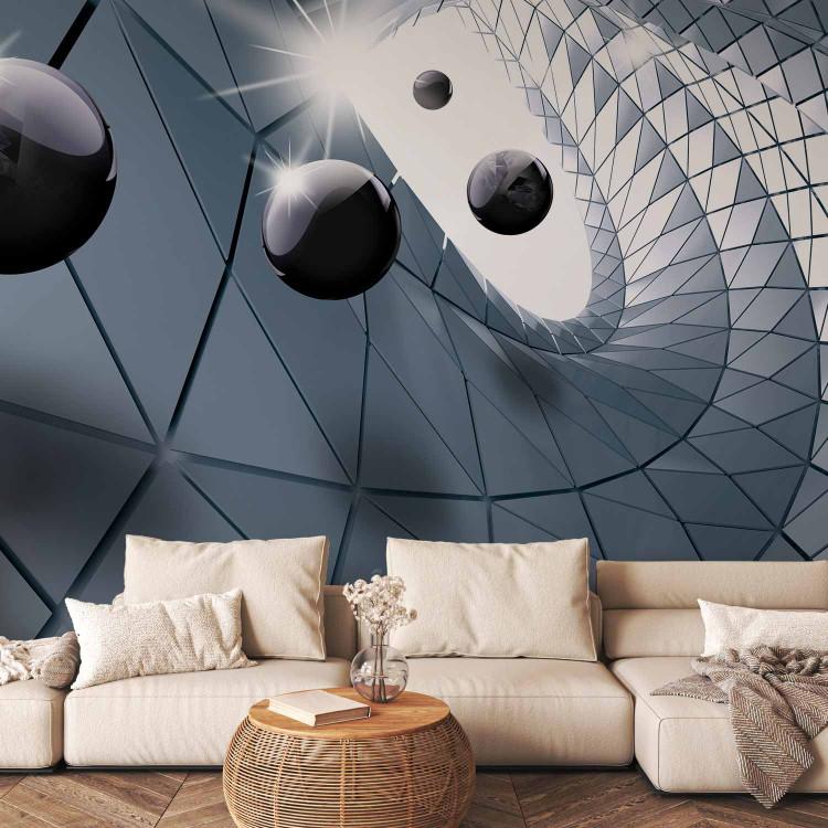 Wall Mural Blue illusion - modern abstraction with 3D effect and black balls