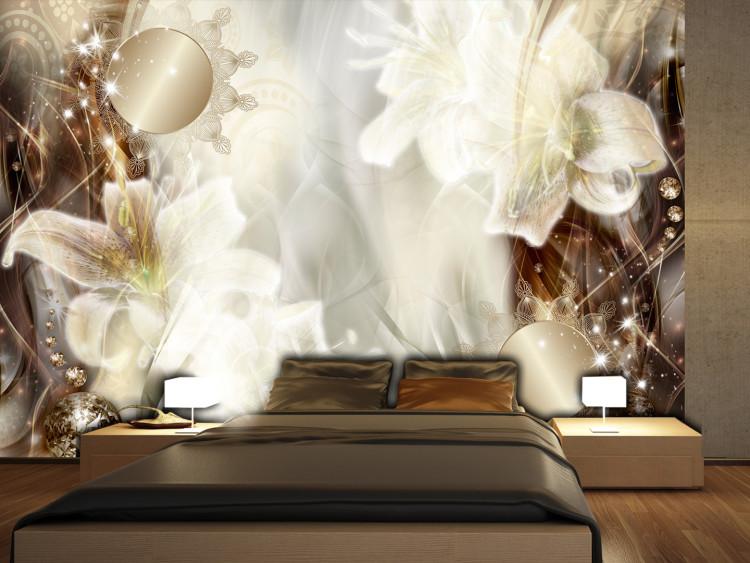 Wall Mural Gold abstraction - delicate lilies with ornaments and diamond sparkle