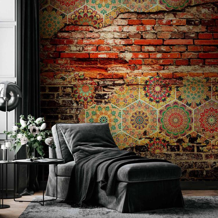Wall Mural Energetic combination - coloured mosaic on red brick background