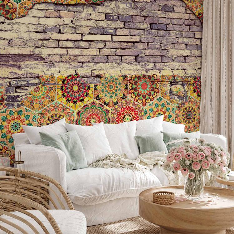 Wall Mural Eclectic equation - mosaic elements on a multi-coloured brick background