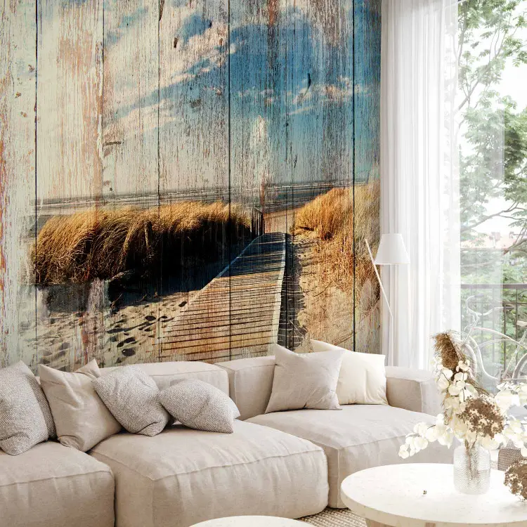 Summer landscape - beach and sea motif on wooden background