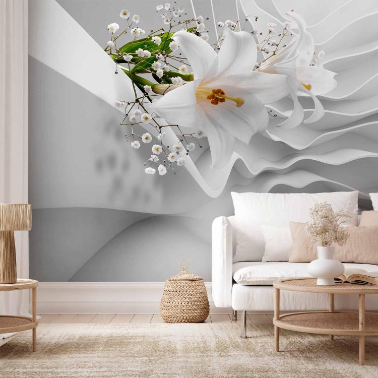 Wall Mural Modern floral motif - white lilies on background with irregular waves