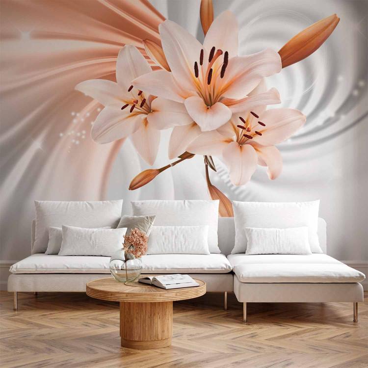 Wall Mural Orange abstraction - white lilies on background with swirl effect