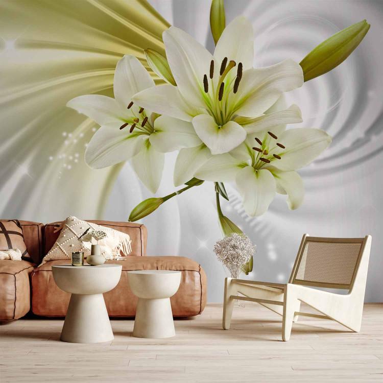 Wall Mural Green enchantment - white lilies on background with swirl effect