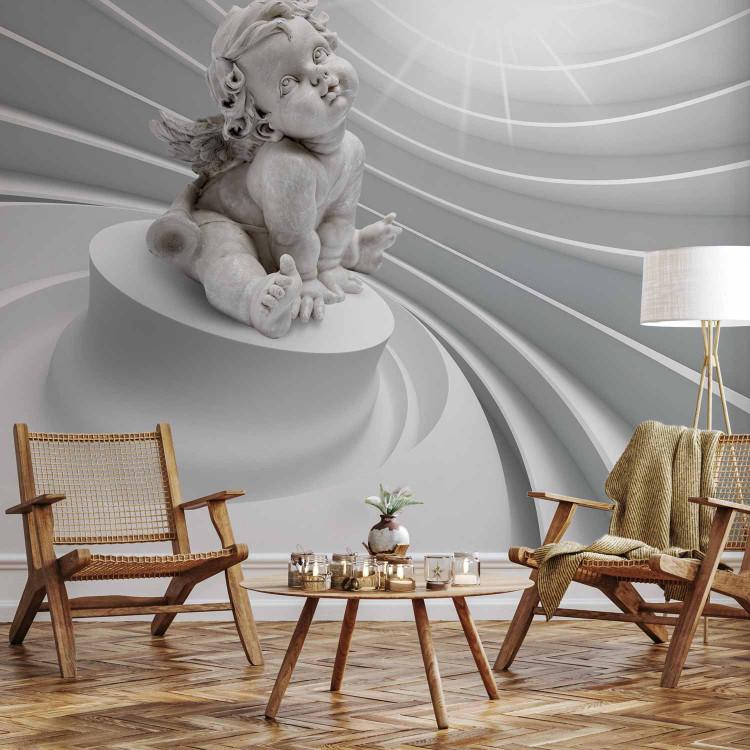 Wall Mural Angelic splendour - white abstraction with 3D angel sculpture