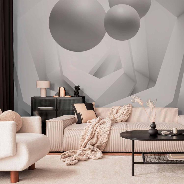 Wall Mural Futuristic abstraction - grey balls against a spatial corridor background