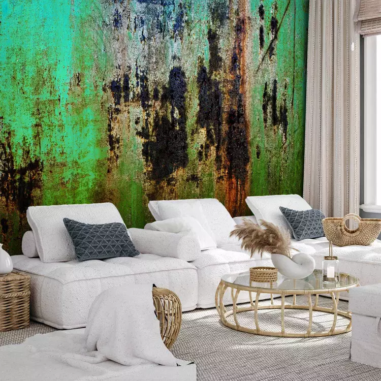 Photo Wallpaper Emerald riddle - green background textured metal with ...