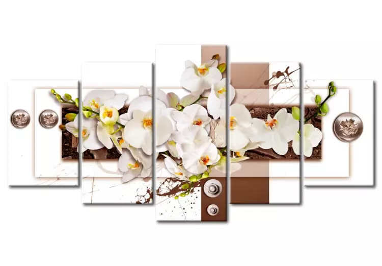 Canvas Print Floral Installation (5-piece) - Orchids on Geometric Background