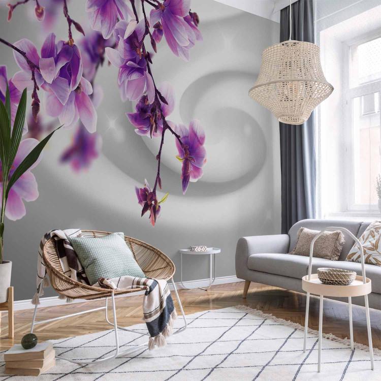Wall Mural Amethyst magnolia - purple flowers on a background with a swirl and sparkle effect
