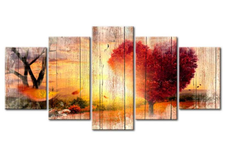 Canvas Print Autumn Love (5-piece) - Sunlit Meadow and Pink Leaves