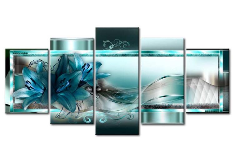 Canvas Print Blue Lilies (5-piece) - Blue Flowers and Abstract Background