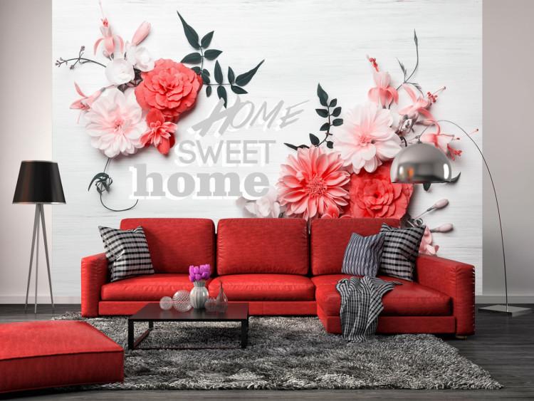Wall Mural Romantic house - red flowers with writing on a wood textured background