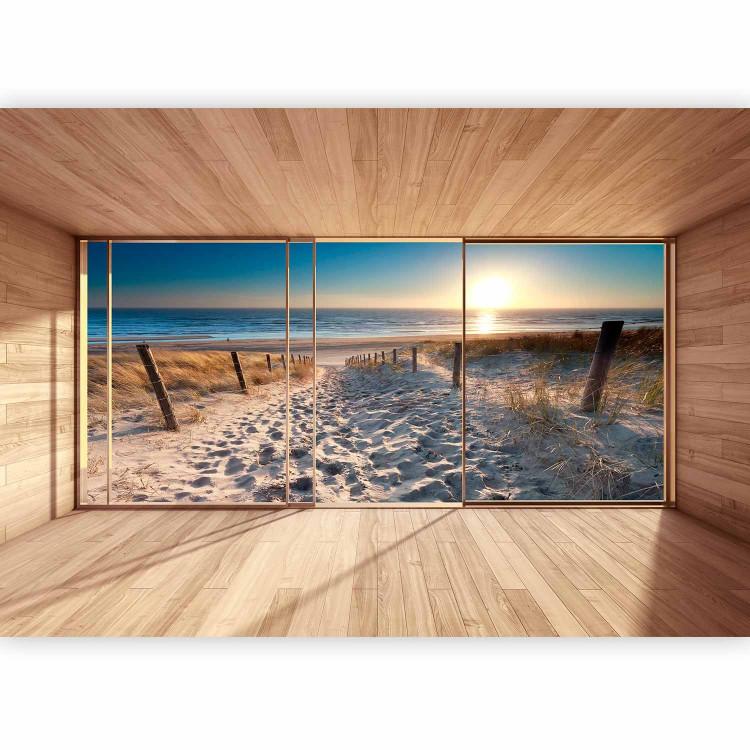 View from the window - bright landscape with beach at sunrise and 3D effect