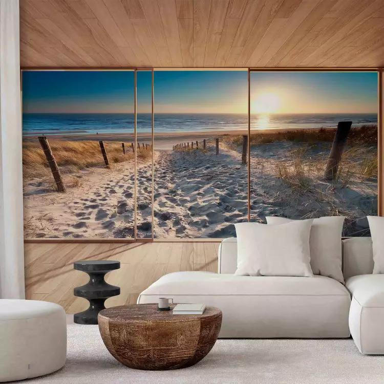 View from the window - bright landscape with beach at sunrise and 3D effect