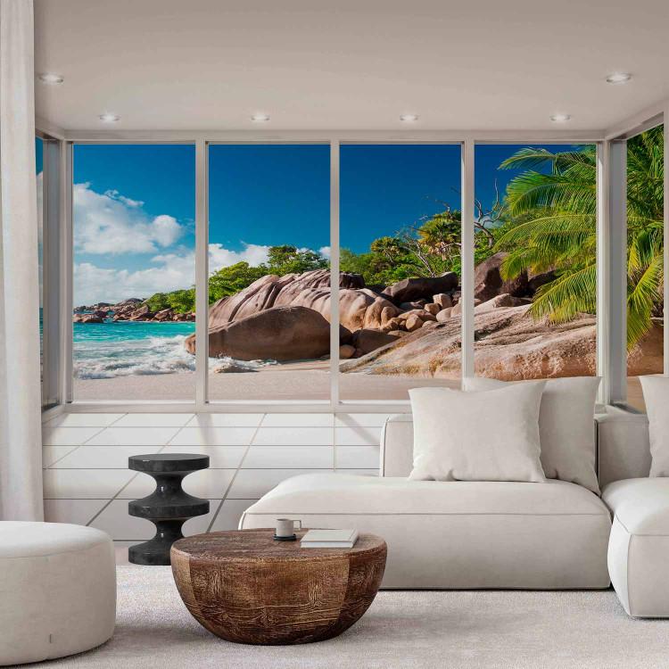 Wall Mural View from the window - sunny 3D landscape with a paradise beach and turquoise sea
