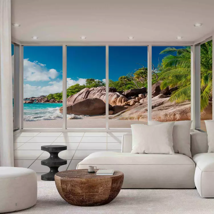 View from the window - sunny 3D landscape with a paradise beach and turquoise sea