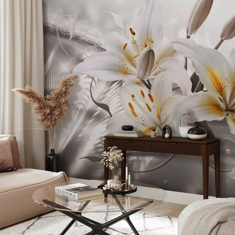Wall Mural Beauty of the lilies - white flowers on a silver background with a light shimmer effect