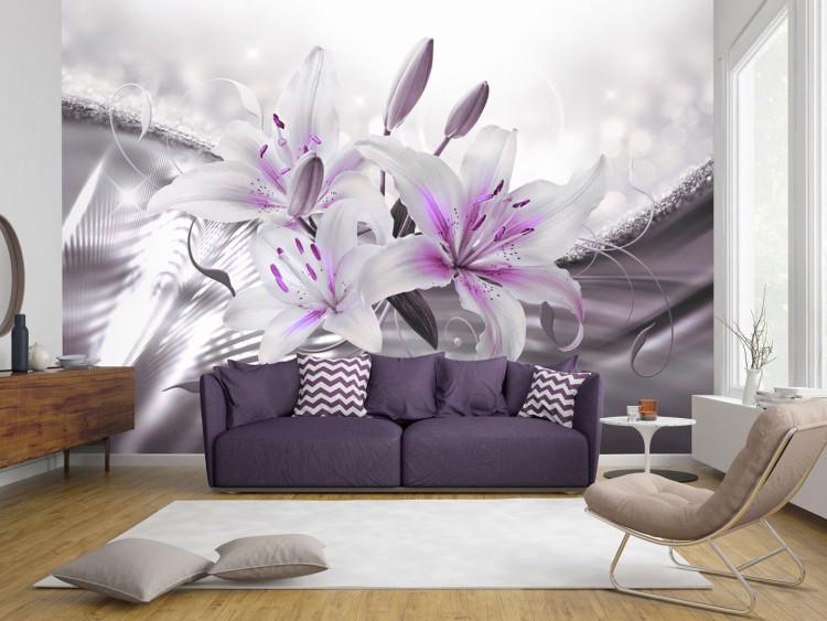 Wall Mural Lily beauty - white flowers in purple on a background with light glow effect